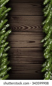 Wooden winter background with fir branches. Vector illustration.