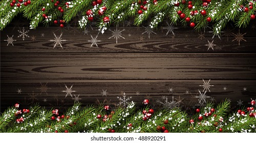 Wooden winter background with fir branches and holly. Vector illustration.