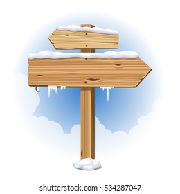 Wooden Winter Sign With Snow And Icicles On The Sky. Vector Illustration.