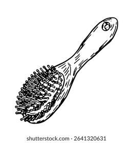 Wooden women's comb, black and white ink sketch. Vector illustration. The massage brush pattern is in a simple style, isolated on a white background. The theme of cosmetics, fashion