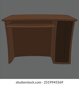Wooden work desk with laptop and documents, books, modern interior of cozy cabinet, table for businessman or student at home, comfortable workspace, workplace with computer in apartment