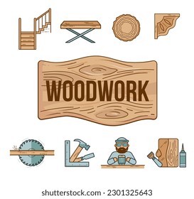 Wooden work set of icons. Tools, wood sawn, wooden ladder, carpenter, machines, oils and varnishes for impregnating wood, furniture, carvings.