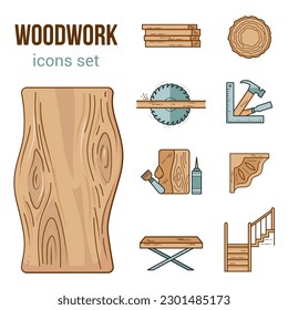 Wooden work set of icons. Tools, wood sawn, wooden ladder, carpenter, machines, oils and varnishes for impregnating wood, furniture, carvings.