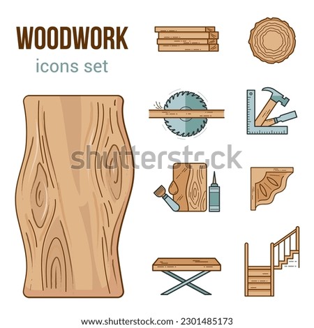 Wooden work set of icons. Tools, wood sawn, wooden ladder, carpenter, machines, oils and varnishes for impregnating wood, furniture, carvings.