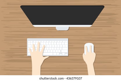 Wooden working table, working on computer, vector eps10