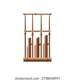 A wooden xylophone with rectangular frame and vertical bars of varying lengths, isolated on a white background.