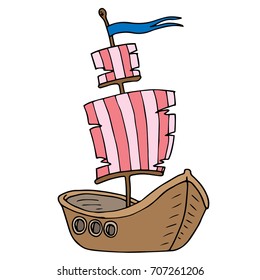 A wooden yacht with a striped sail. Vector illustration. 