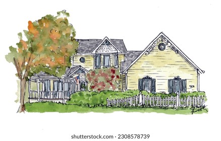 Wooden yellow house, American home, rural, lawn, fence, trees. Watercolor sketch illustration. Isolated vector.