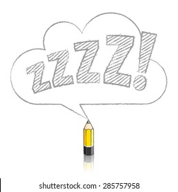 Wooden Yellow Lead Pencil with Reflection Drawing Snoring Zzzz Cloud Shaped Speech Bubble on White Background