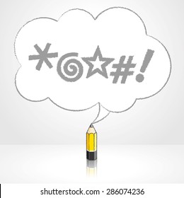 Wooden Yellow Lead Pencil with Reflection Drawing Swearing Icons in Fluffy Cloud Shaped Speech Bubble on Grey Background