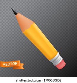 Wooden yellow office graphit pencil with a rubber eraser. 3D realistic vector illustration isolated on a transparent background