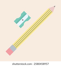 Wooden yellow pencil with black lines and eraser, and green sharpener with metallic blade flat illustration. Clean minimalist illustration of a copy shop material ready to work