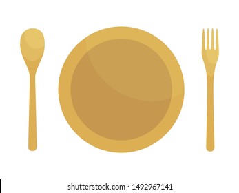 Wooden/Bamboo Eating Utensil Illustration Vector Set in Flat Style Isolated on White Background - Spoon, Fork, and Plate