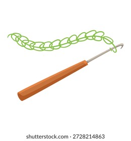 Wooden-handled crochet hook pulling green yarn in chain stitch on white background, concept of knitting and crafts. Vector illustration