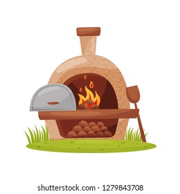 Wood-fired Outdoor Oven On Green Lawn. Farm Stone Furnace With Burning Firewood, Wooden Paddle. Cartoon Vector Design