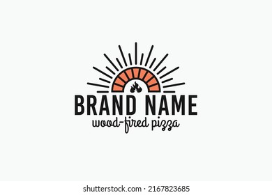 wood-fired pizza logo with a combination of an old wood-fired oven, sun, and sans sherif font.