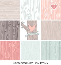 Woodgrain, wooden texture background and a carved heart in a tree, perfect as wedding backgrounds and valentines day cards