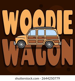 Woodie Wagon Day to celebrate on July 19th. Illustration of a classic car made of solid wood with bold text behind it on dark brown background. Vehicle event banner.