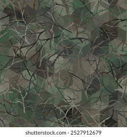 Woodland abstract branch seamless background of randomly interwoven bands and wavy lines. Grunge ghillie green and brown colored digital camo background