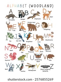 Woodland Alphabet Poster for Kids. Engaging woodland-themed alphabet poster featuring A to Z with colorful forest animal illustrations. Perfect for early learning and classroom decoration