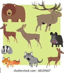 Woodland animal cartoons isolated on light green background color vector illustration