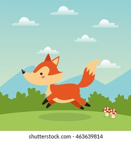 Woodland animal concept represented by cute fox cartoon icon over landscape. Colorfull and flat illustration. 