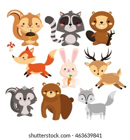 Woodland animal concept represented by cute squirrel raccoon beaver fox rabbit reindeeer skunk bear wolf cartoon icon. Colorfull and flat illustration. 