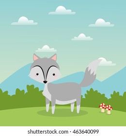 Woodland animal concept represented by cute wolf cartoon icon over landscape. Colorfull and flat illustration. 