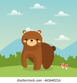Woodland animal concept represented by cute bear cartoon icon over landscape. Colorfull and flat illustration. 
