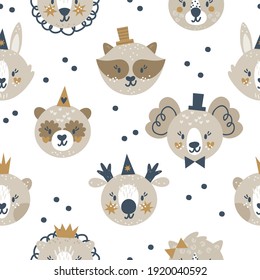 Woodland animal faces seamless pattern. Kids texture for fabric, wrapping, textile, wallpaper, apparel.