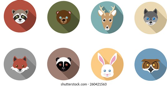 Woodland animal flat, long shadow icons featuring a raccoon, bear, deer, wolf, fox, skunk, rabbit. and owl.