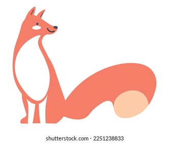 Woodland animal portrait, isolated fox with furry tail. Cute personage with slim muzzle and small body. Character living in forest, zoo park and fauna biodiversity. Vector in flat style illustration