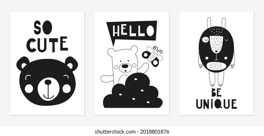 Woodland animal posters for nursery wall art. Black and white kids prints set. Vector illustration.