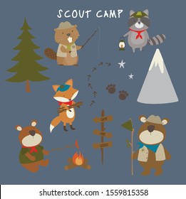 Woodland Animal scout camp, includes, bear, fox, racoon, and beaver and more camp vector illustrations, includes 11 images.