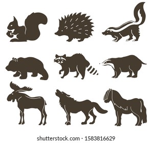 Woodland animal silhouette. Set of vector icons: bear, raccoon, hedgehog, moose, wolf, pony, skunk, squirrel, badger and bear. 