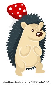 Woodland animal walking with mushroom on spike, isolated cute hedgehog with vegetable. Urchin with food, wilderness and wildlife in forest or woods. Nature fauna, zoo or pet, vector in flat style
