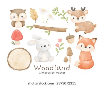 Woodland animal watercolor Fox Deer Bunny Decoration nursery birthday kids Print for invitation card Poster Template