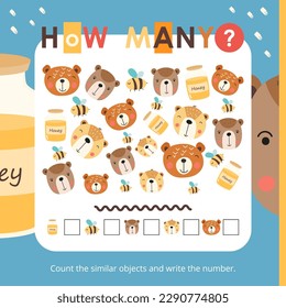 Woodland  Animals activities for kids. How many. Count the number of bear, bee, honey. Vector illustration. Book square format.