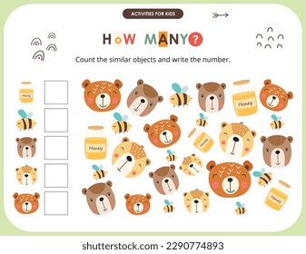 Woodland  Animals activities for kids. How many. Count the number of bear, bee, honey. Vector illustration.