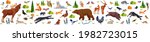 Woodland animals and birds. Big Set of forest animals and birds including deer, rabbit, hedgehog, bear, fox, snake, moose, wolf, raccoon, bird, owl, and squirrel. Cartoon flat vector illustration.