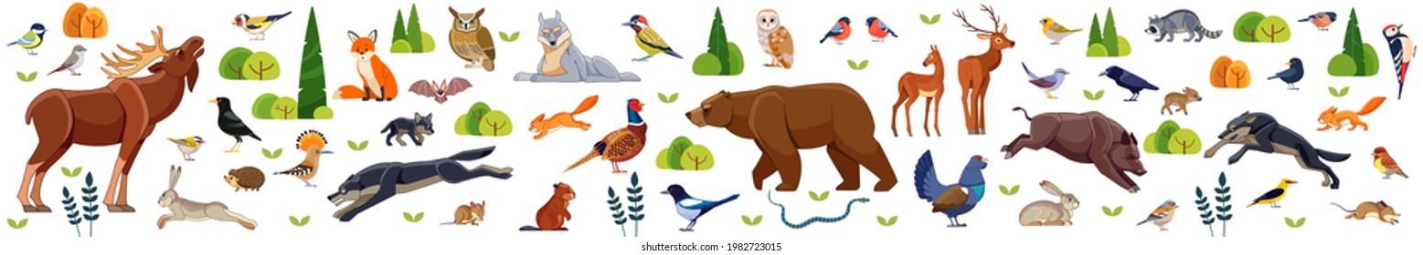 Woodland animals and birds. Big Set of forest animals and birds including deer, rabbit, hedgehog, bear, fox, snake, moose, wolf, raccoon, bird, owl, and squirrel. Cartoon flat vector illustration.