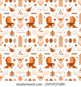 Woodland animals and birds in geometric seamless pattern. Nordic design with wild forest creatures and folkloric ornaments. Folk art Scandinavian symmetric design with deer, owl and titmouse.