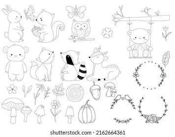 Woodland Animals Bundle Coloring Forest , Head Animal, Big collection of decorative for kids,baby characters, card,hand drawn, cartoon style.vector illustration