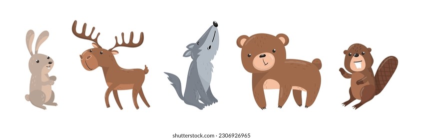 Woodland Animals with Bunny, Elk, Wolf, Bear and Beaver Vector Set