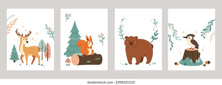 Woodland animals card. Cute deer, squirrel and woodpecker, bear forest cartoon characters and fir-tree, branches with leaves and berries Vector wildlife posters. Flora and fauna, natural elements