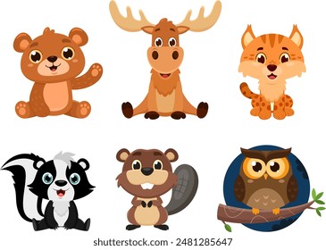 Woodland Animals Cartoon Characters. Vector Flat Design Collection Set Isolated On Transparent Background