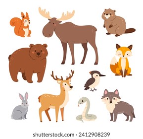 Woodland animals. Cute forest bear, fox and hare, wolf and deer, badger and squirrel, elk and woodpecker, beaver and snake. Happy funny animal vector characters. Small childish fauna