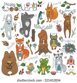 Woodland animals cute set. Hand drawing doodle isolated on white background. Vector illustration