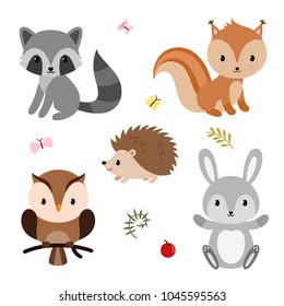 Woodland animals and decor elements set. Vector illustration isolated on white background.