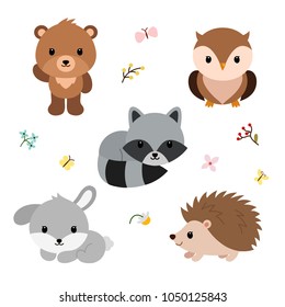 Woodland animals and decor elements set. Vector illustration isolated on white background.